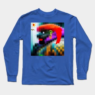 Lady Pixel Art Design on Blue Background Long Sleeve T-Shirt